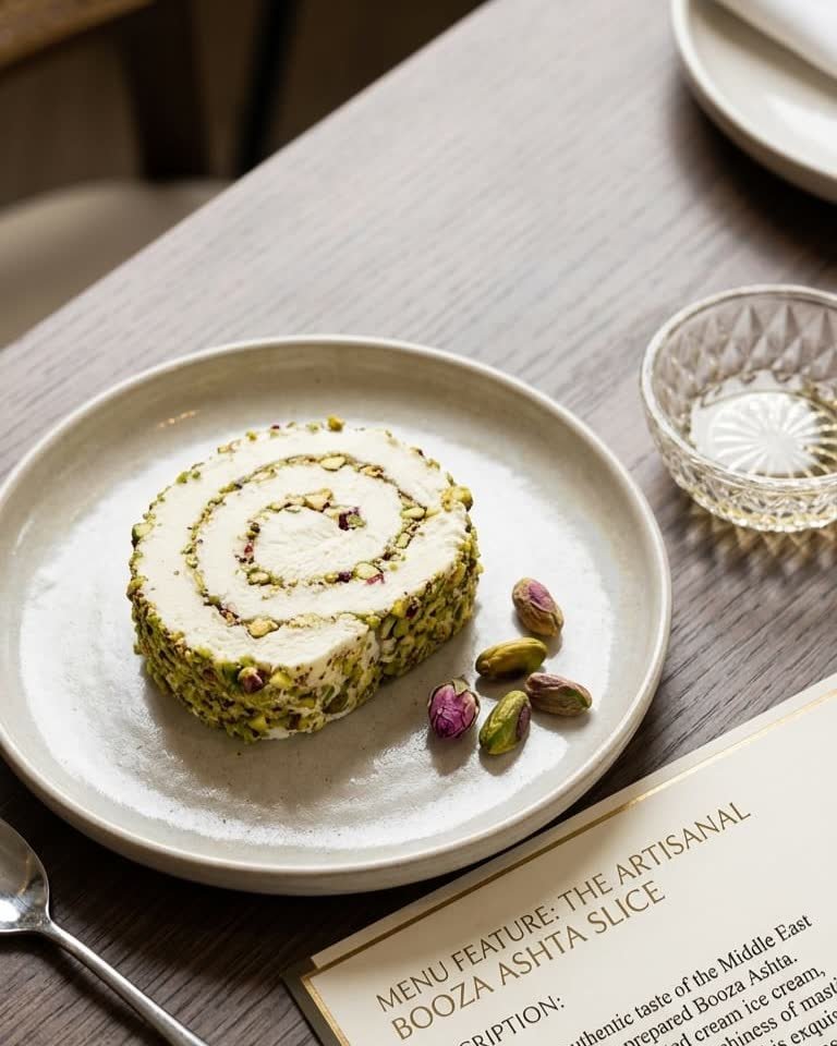 A spiral-cut slice of Ashta booza on a ceramic plate, with whole pistachios and dried rose buds alongside.