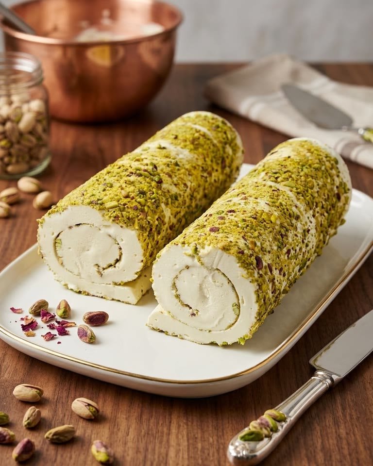A full food-service roll of booza, hand-coated in chopped pistachios, on a serving platter.