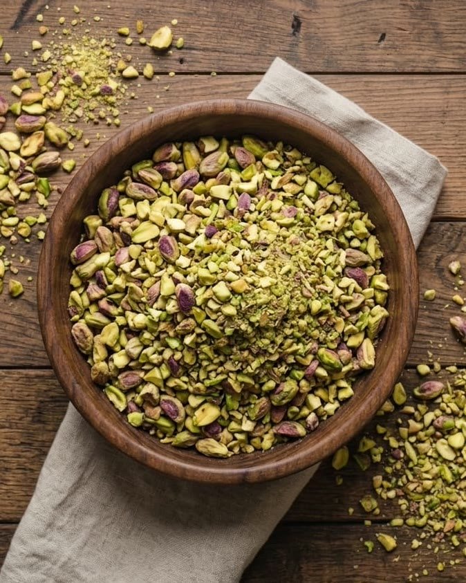 Chopped roasted pistachios filling a wooden bowl on a linen cloth, with more scattered across the timber bench around it.