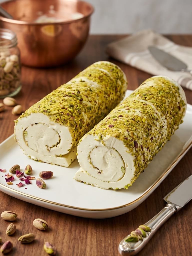 Finished rolls hand-coated in lightly roasted pistachios, one sliced to show the spiral inside.