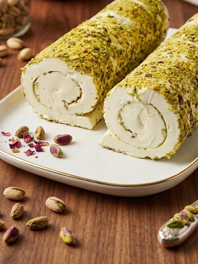 The cut faces of two booza rolls under a pistachio crust, showing the dense white spiral the technique produces.
